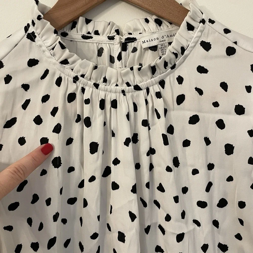 Maison d'Amélie Paris Dalmatian Dot Blouse Large Ruffle Mock Neck Smocked Cuff L - Picture 7 of 16